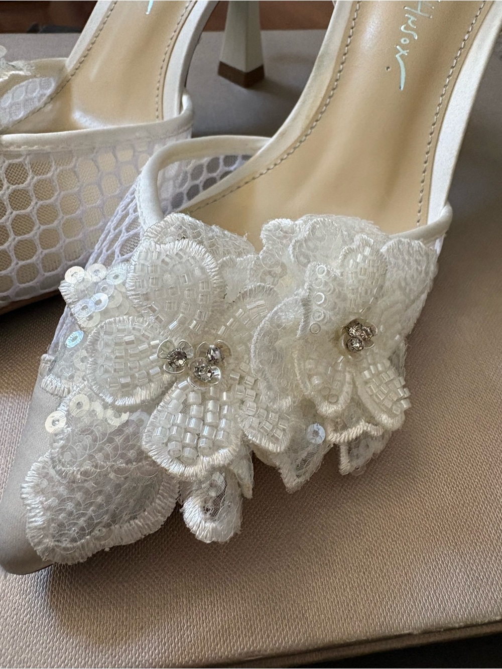 Betsey Johnson white Floral Beaded Bridal Heels with Tiffany Blue Bottoms